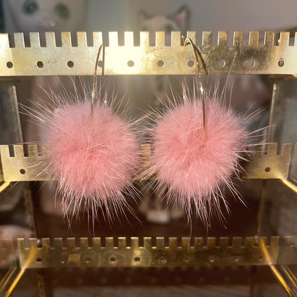 Gold Hoops with Pink Pom - Picture 3 of 4